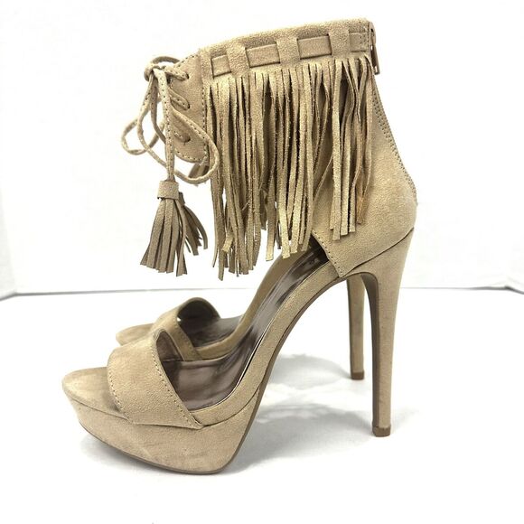 QUPID Womens Shoes Size 6 Fringe Ankle Open Toe Taupe Zip Closure Platform Heels - Picture 1 of 16